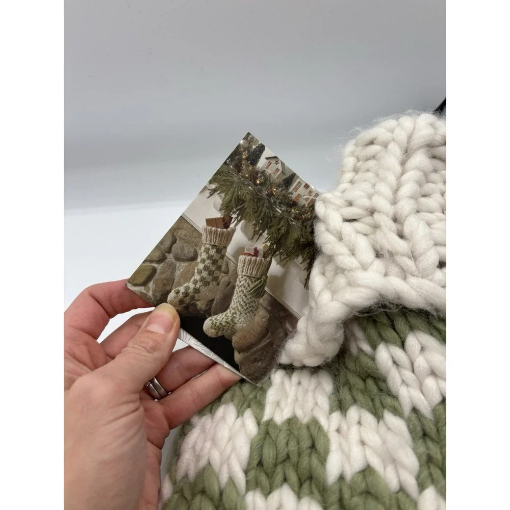 The Farmhouse‎ Hand knit Checkered Christmas Stocking Green Beige 22